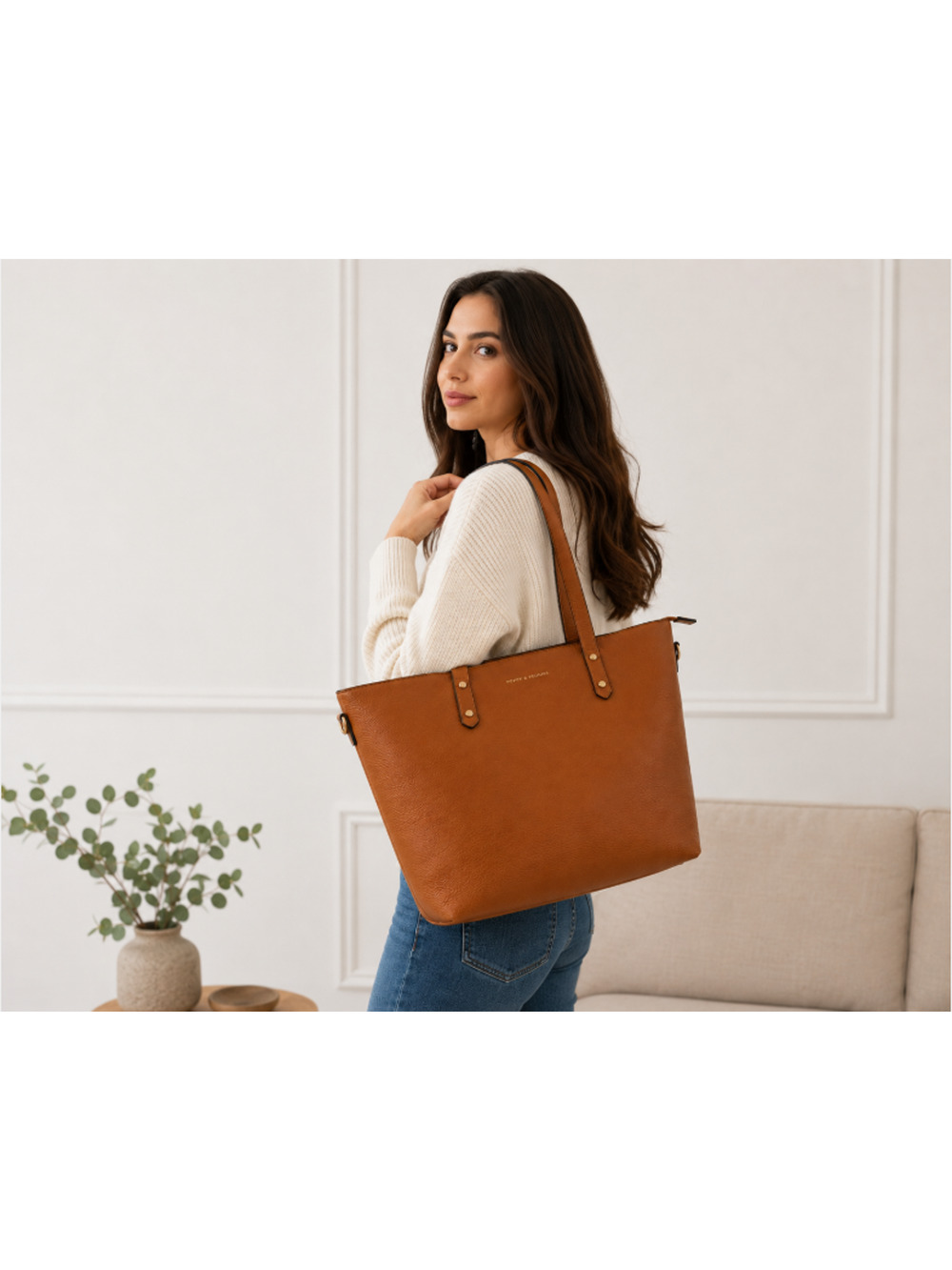 Poppy & Peonies Go Getter Vegan Leather Tote Bag Work Travel In Cognac Classy
